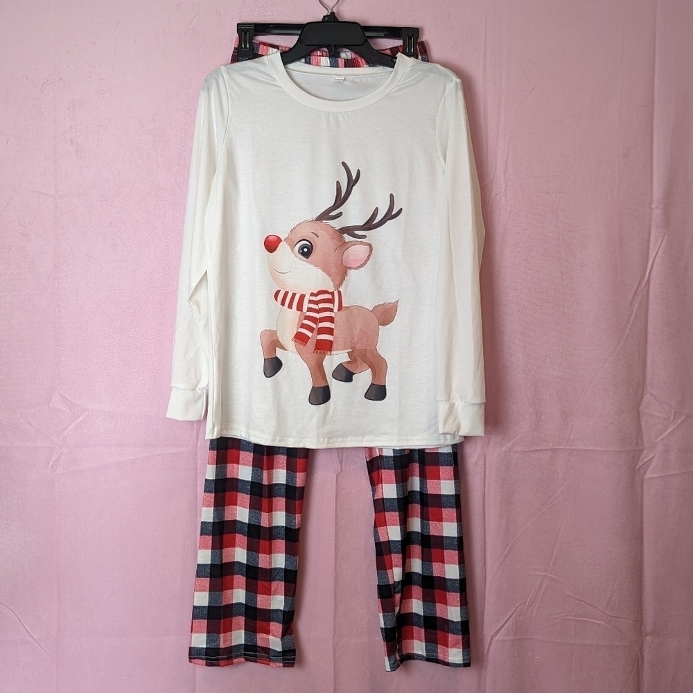 Christmas Plaid Pants and Matching Reindeer Top Pajama Set